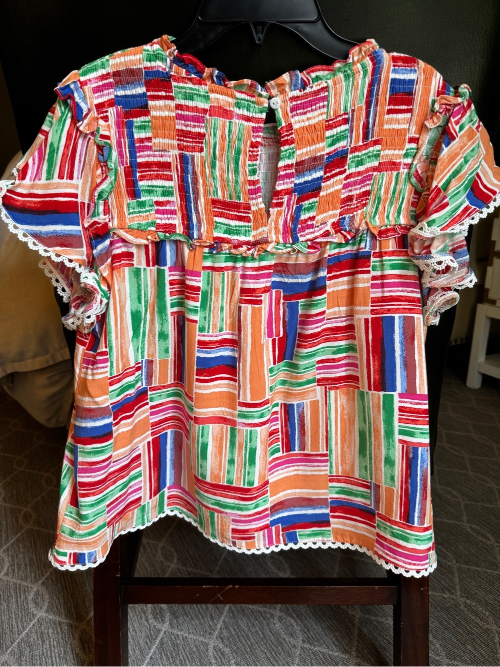 Colorful Patchwork Stripe Ruffle Blouse - Picture 4 of 4